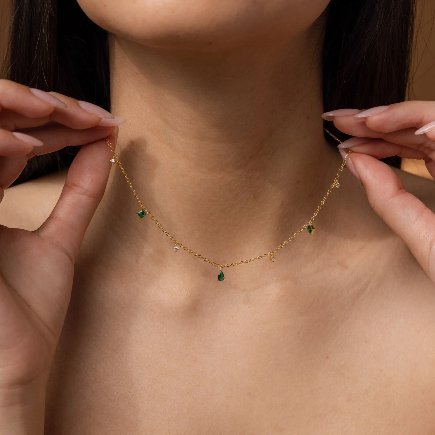 Emerald Diamand Station Necklace Gift for Her