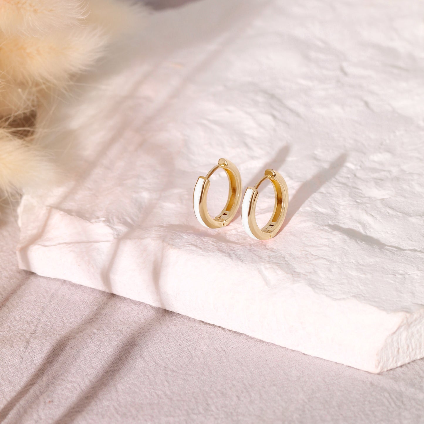 White Enamel Gold Huggie Earrings Gift for Her