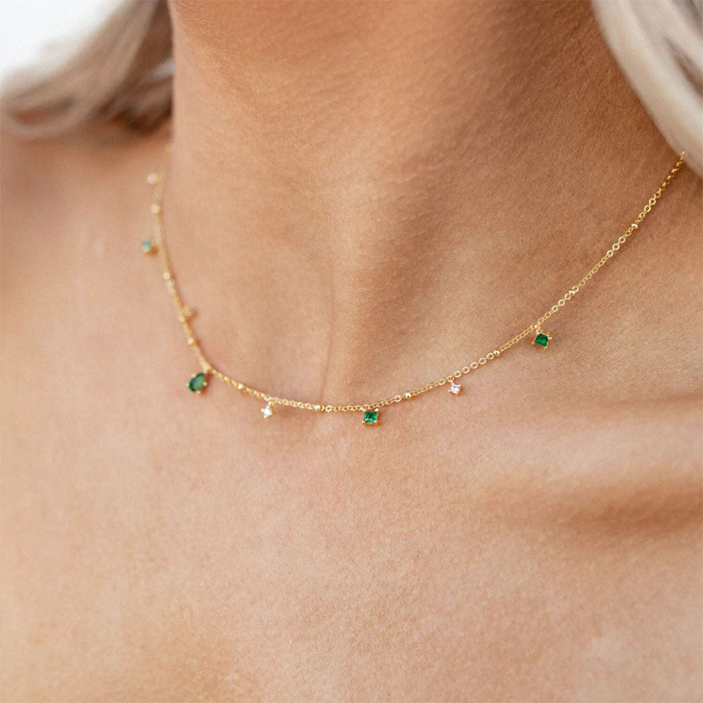 Emerald Diamand Station Necklace Gift for Her
