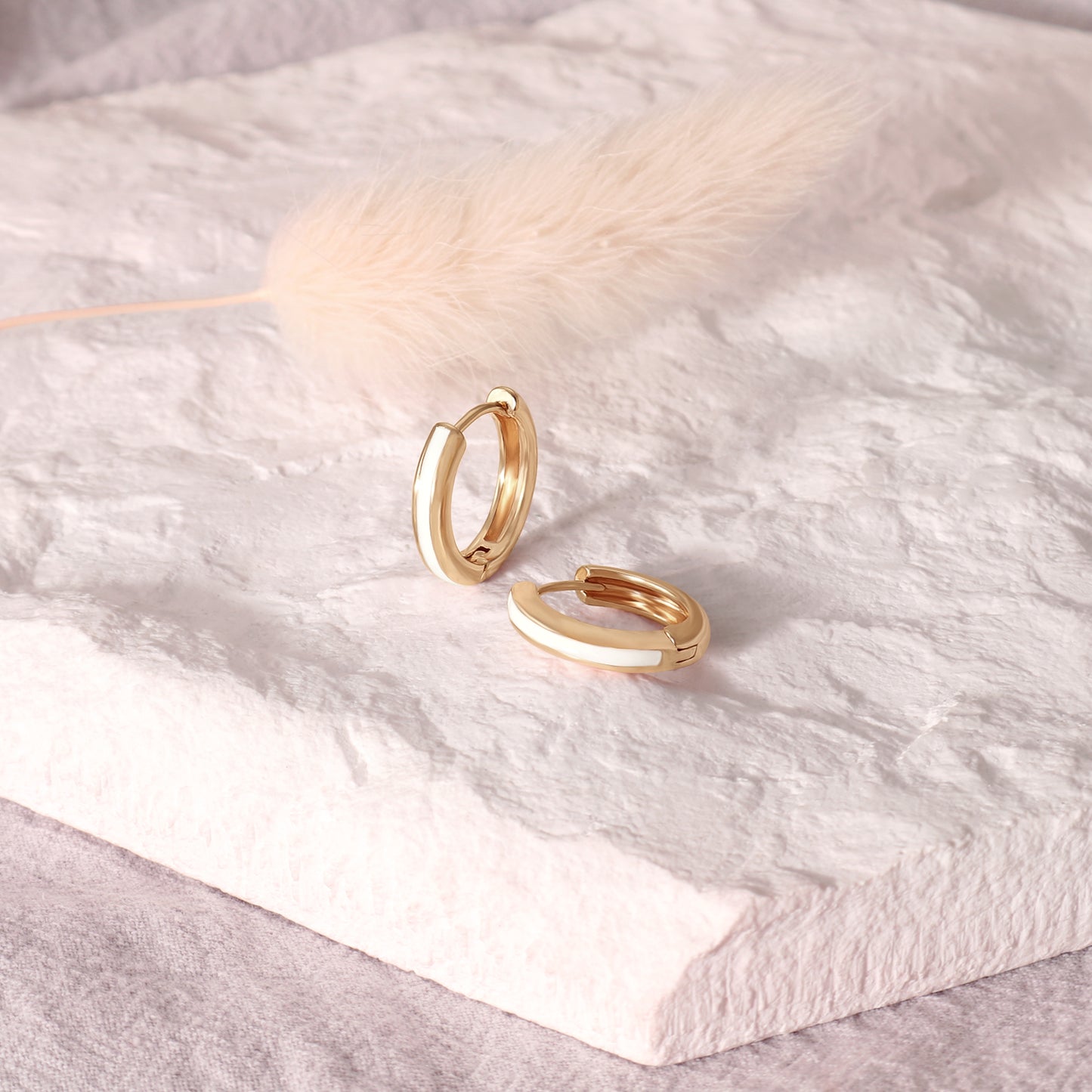 White Enamel Gold Huggie Earrings Gift for Her