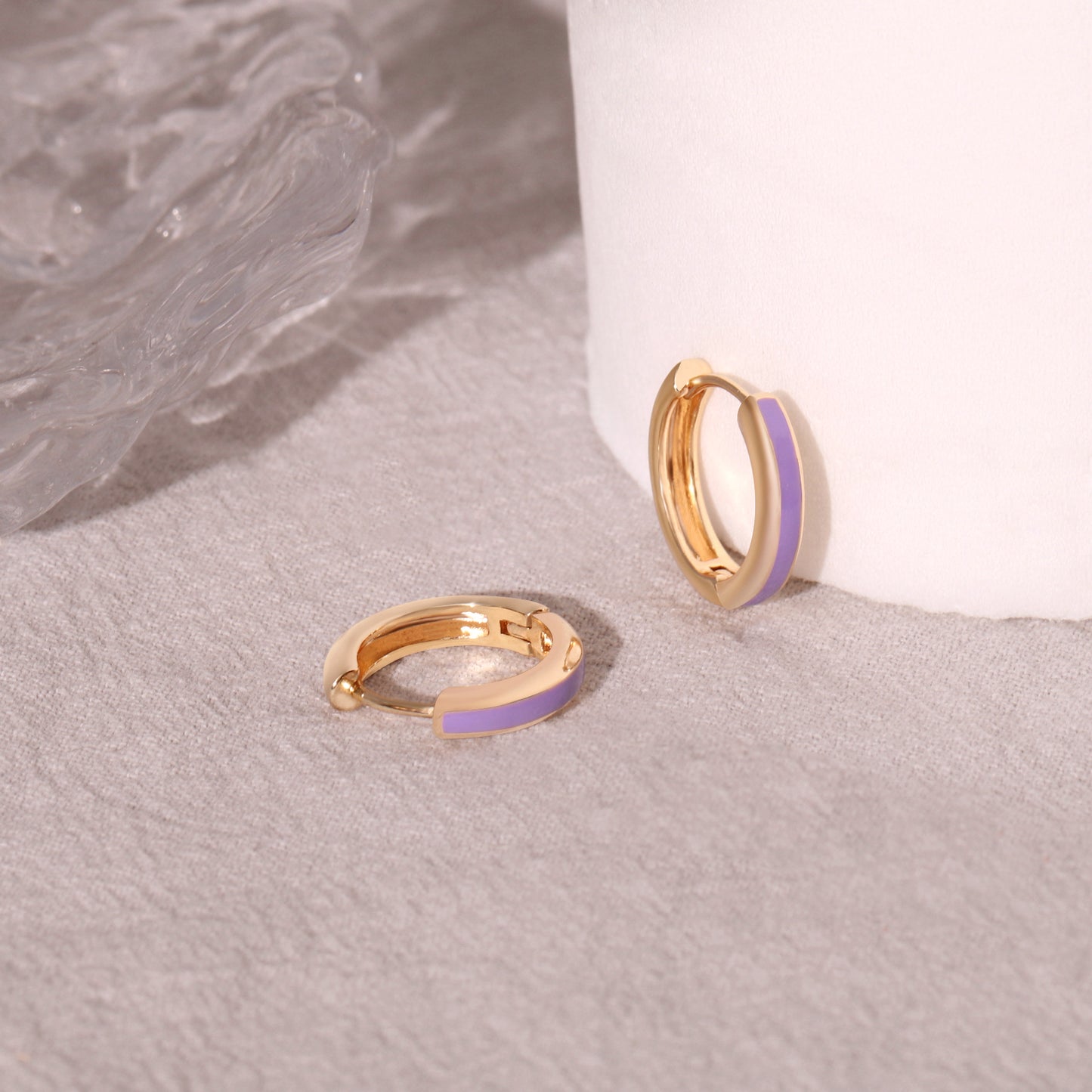 Purple Enamel Gold Huggie Earrings Gift for Her