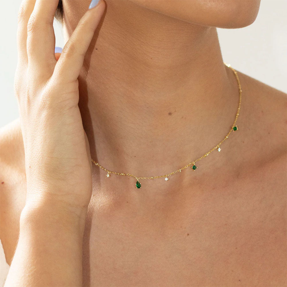 Emerald Diamand Station Necklace Gift for Her