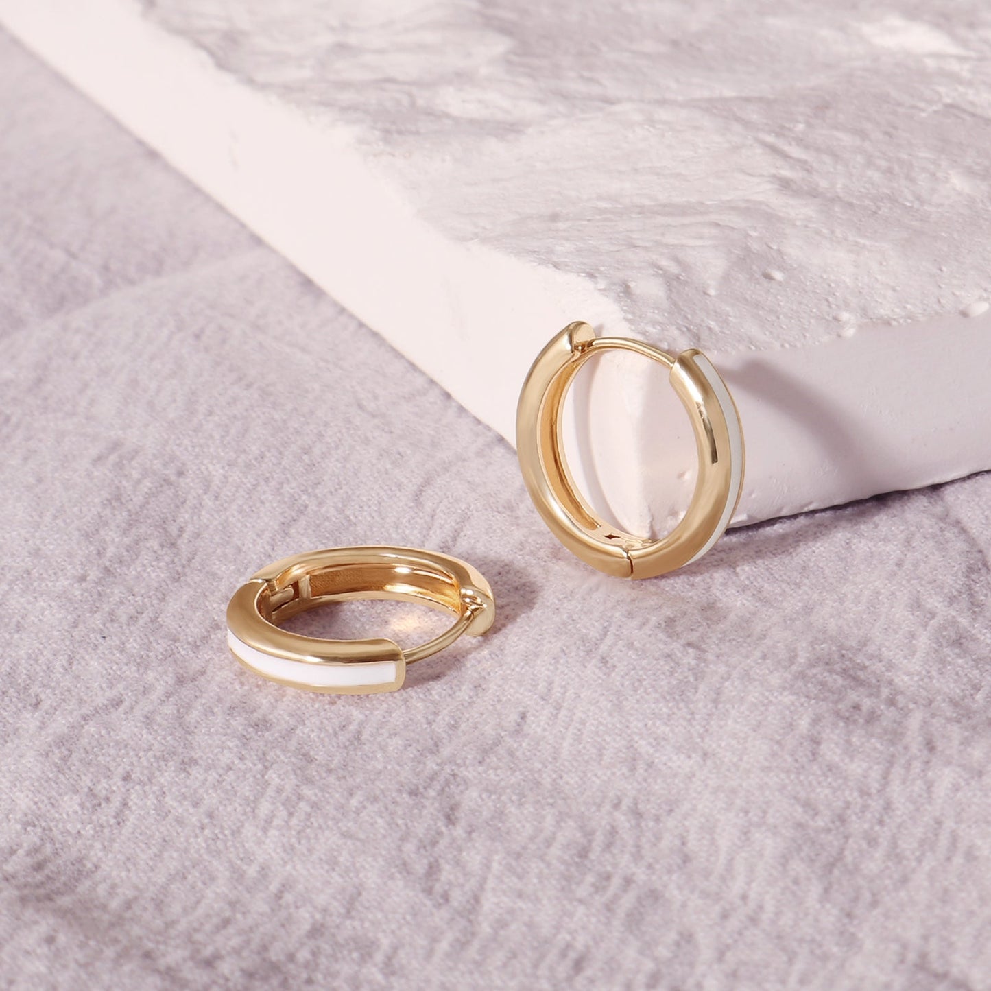 White Enamel Gold Huggie Earrings Gift for Her