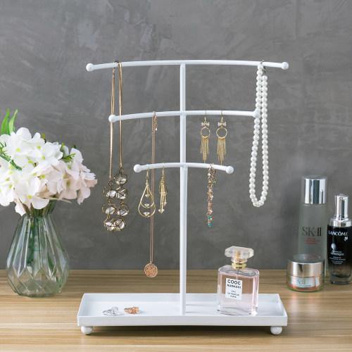 White Metal Curved T-Bar Jewelry Display with Ring Tray