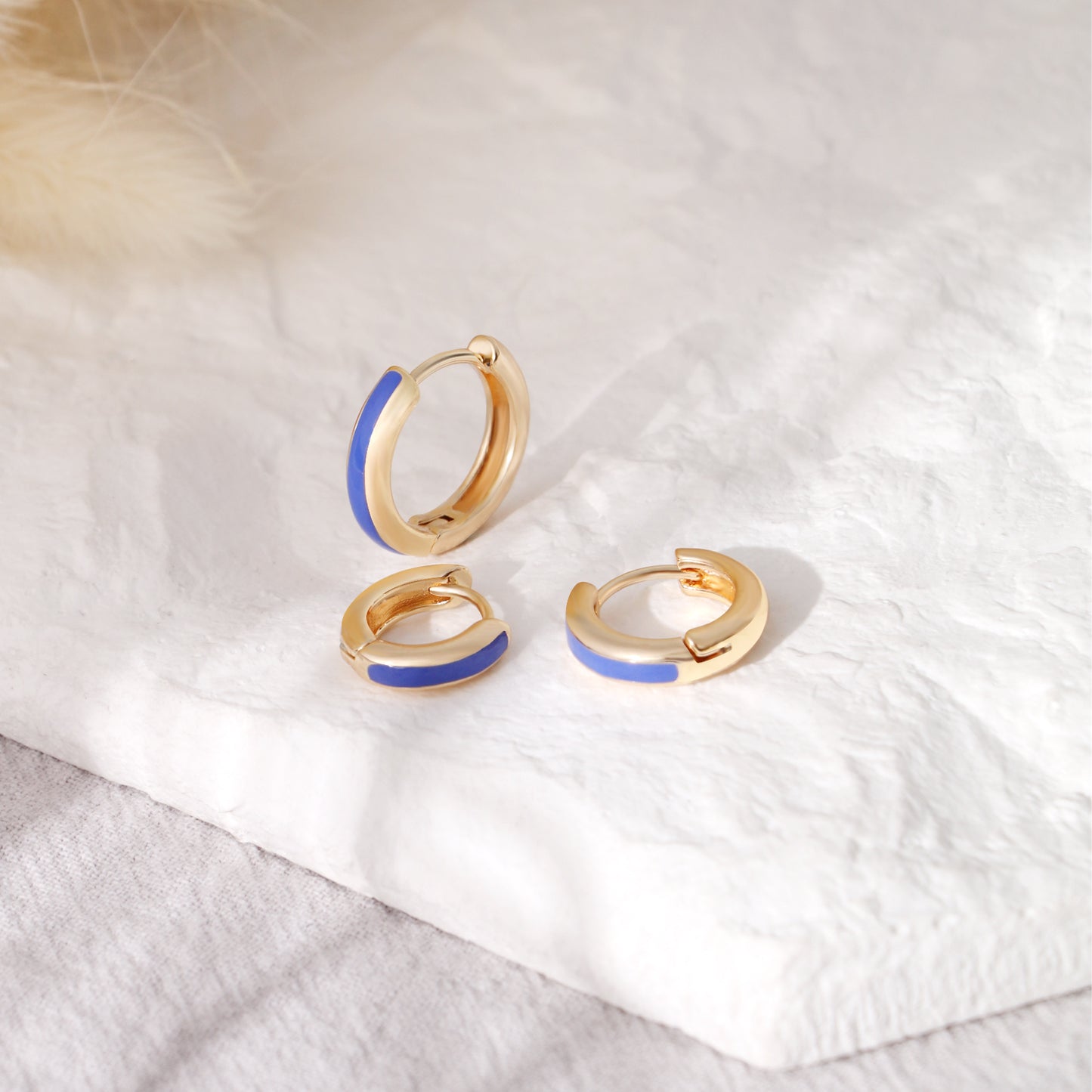 Blue Enamel Gold Huggie Earrings Gift for Her